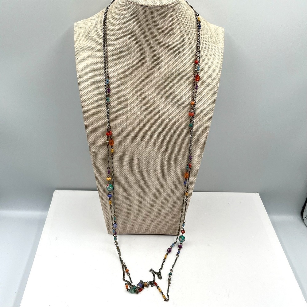Vintage‎ Multi Strand Necklace Boho Beaded Colorful Cloisonné Flower Silver Y2K